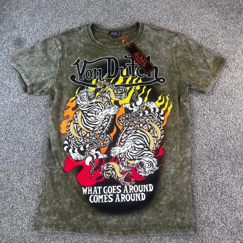 Von Dutch T-Shirt Mens Medium Green Acid Wash Tiger Snake Graphic Tee NWT